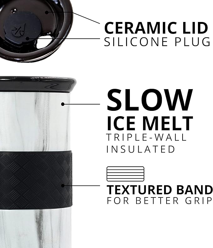 Elemental Artisan Insulated Tumbler, Triple Wall Coffee Travel Tumbler, Reusable Stainless Steel with Ceramic Lid, Thermal Coffee Cup for Hot (6 Hrs) & Cold (18 Hrs) 16oz - White Marble