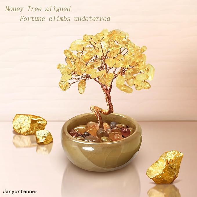 Mini Citrine Crystal Money Tree,Wealth Home Office Desk Decor,Handmade Copper Wire in Crackle Ceramic Base,Feng Shui Office Gift