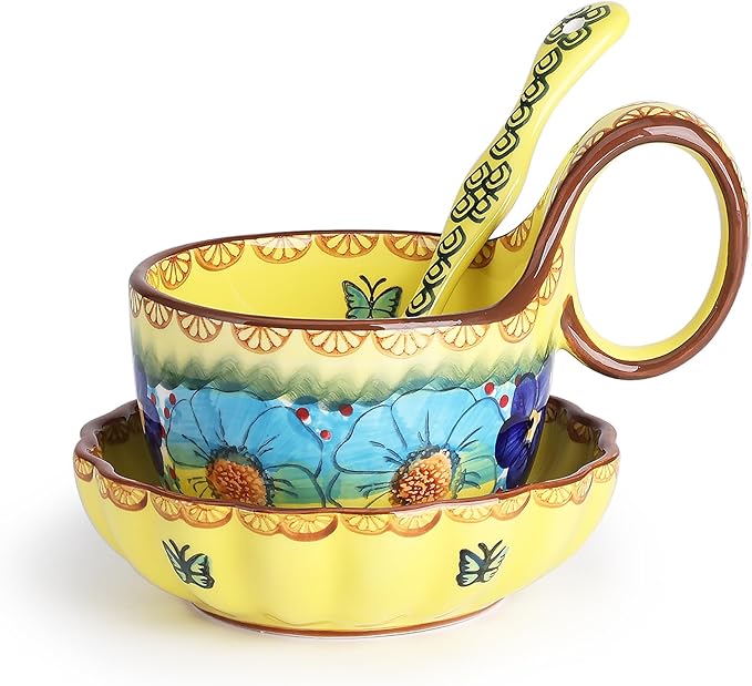 silesia Handmade Loop Handle Soup Bowl, Plate and Spoon Set Ceramic Hand Painted Cereal Bowl Great for Soup, Ice cream, Snack, Stew in Gift Box, Dishwasher & Microwave Safe, Glazed Yellow