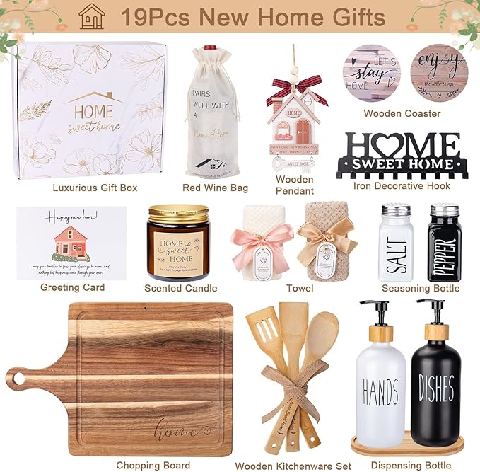 House Warming Gifts New Home, 19pcs New Home Gift Basket For Homeowners, Couple Women Neighbor - Includes Decoration, Kitchenware, Towel, Greeting Card, First Time Home Buyer Gift, Housewarming Gifts