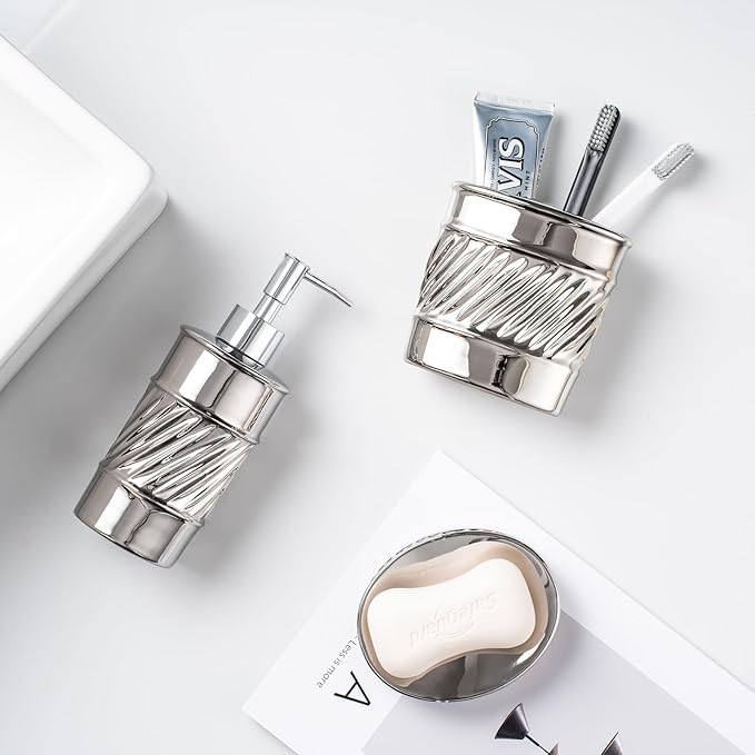 3-Piece Ceramic Bathroom Accessories Set - Soap Dispenser, Toothbrush Holder & Soap Dish with Modern Wave Embossed Design for Bathroom Accessory Set (Silver)