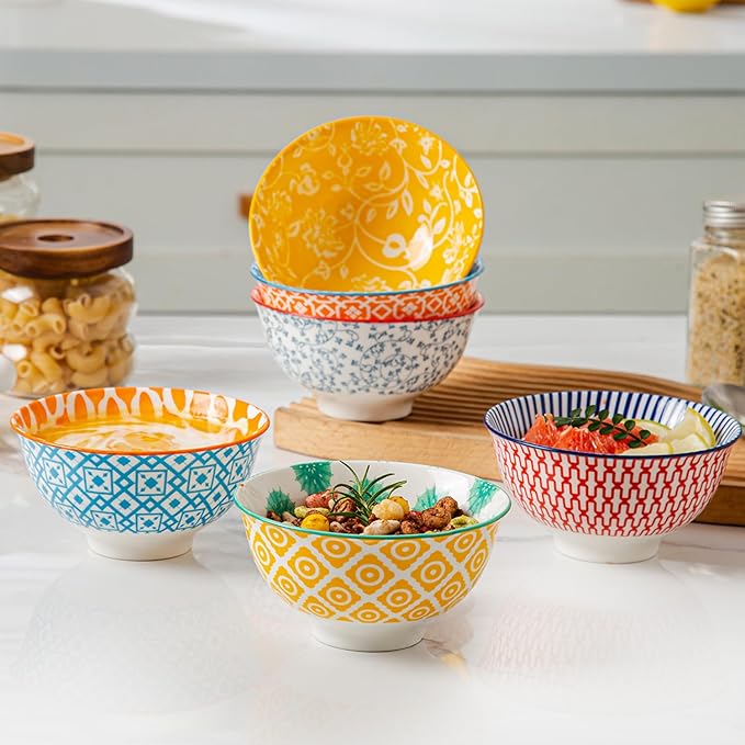 Ceramic Dessert Bowls Set - Small 12 Oz Ice Cream Bowls, 4.75 Inch Cereal Bowls for Snack, Fruit, Dipping Sauce, Side Dishes - Microwave Dishwasher Safe - Set of 6 - Assorted Colors