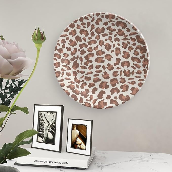 Ceramic Decorative Plate Leopard Animal Print Brown And Gray Custom Decor for Display Farmhouse Wall Club Ceramic Display Plate 1 Plate with 1 Display Stand, Multi Sizes, Gifts for Men Women