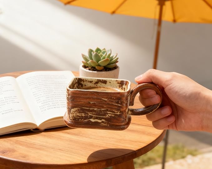 Handmade Ceramic Coffee Mug, 12 oz Rustic Stoneware Tea Cup, Microwave and Dishwasher Safe(dark brown)