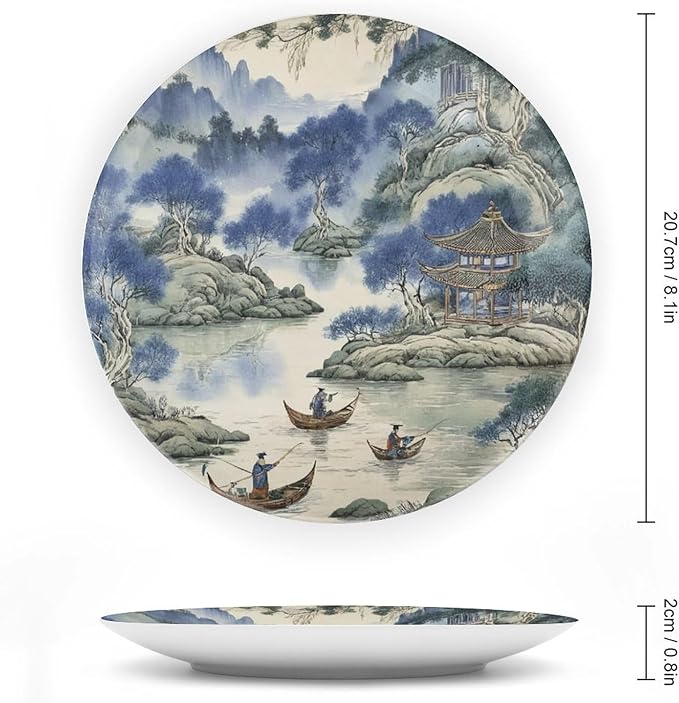 Asian Scenic in Blue And Kelly Green Chinoiserie Ceramic Decorative Plate, Ceramic Ornaments Dessert Plates for Table Kitchen Decor, with 1 Display Stand Art Decorations for Festival Art Decoration