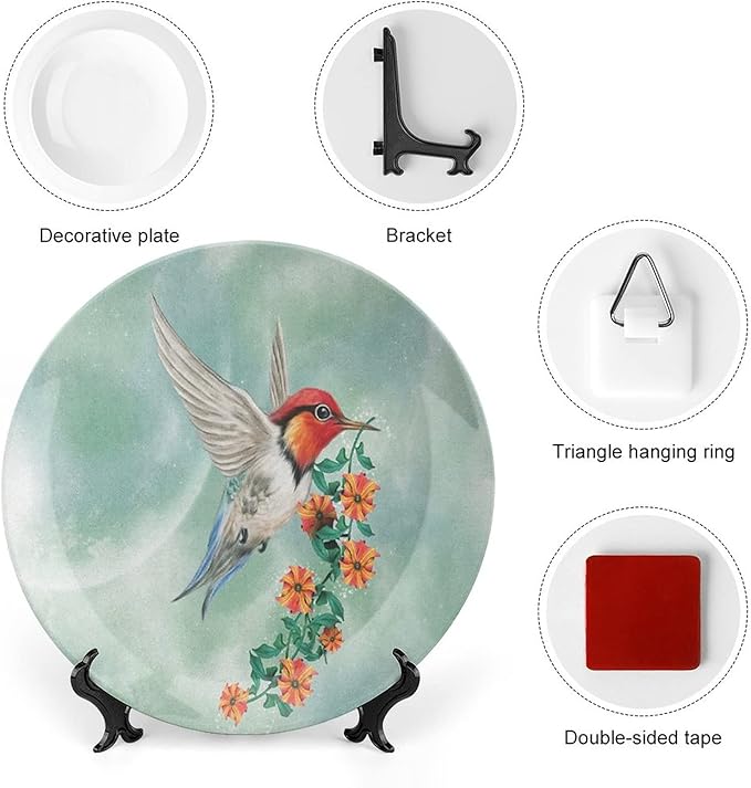 XISUNYA 8 Inch Decorative Plate, Hummingbird Porcelain Plate, Hummingbird Flying with Flower Branch Print Ceramic Wall Hanging for Home Office Party Dinner Table Decor