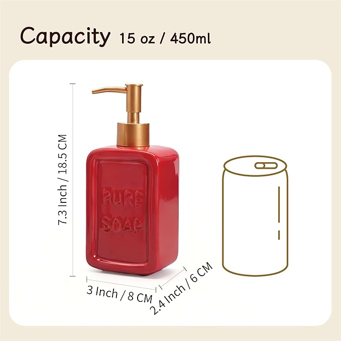 Ceramic Retro Soap Dispenser with Gold Pump, 15oz Capacity, Premium Ceramic Design for Bathroom or Kitchen (Red)