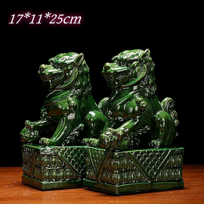 Home Decoration Sculpture Ceramic Lions Pair Home Decorations Asian Art Desktop Feng Shui Ornaments Dark Green