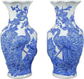 HERITAGE T&T Peach Flower Altar Vase Pair – Bat Trang Handmade Ceramic – Buddhist Altar Flower Vase Set – Traditional Asian Home Decor – 1 Pair (2 Vases) - Blue & White Glaze -30 cm (11.8 in)
