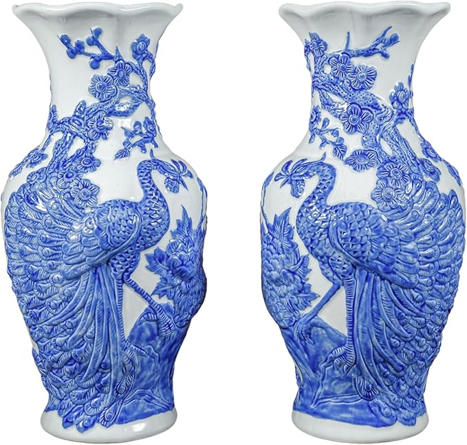 HERITAGE T&T Peach Flower Altar Vase Pair – Bat Trang Handmade Ceramic – Buddhist Altar Flower Vase Set – Traditional Asian Home Decor – 1 Pair (2 Vases) - Blue & White Glaze -30 cm (11.8 in)