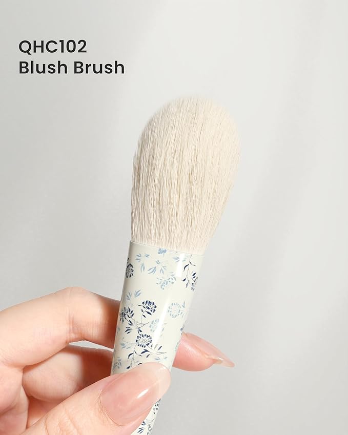 Indigo Artisan Series Oval Blush Brush - Egg-Shaped Nylon Bristles for Powder/Cream Blush & Bronzer, Hand-Painted Blue Porcelain Ferrule & Lacquered Handle (QHC 102)