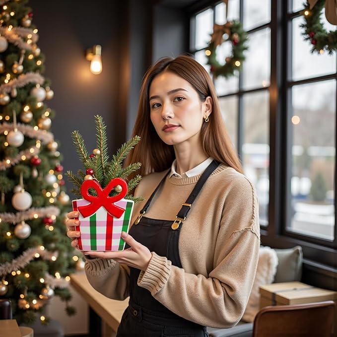 Red Bow Christmas Vase, 6.5 Inch Ceramic Unique Wide Paper Bag Vase, Xmas Cute Holiday Flower Pot for Centerpieces/Home/Living Room/Shelf Table, Modern Decor
