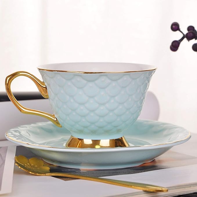 VanEnjoy Blue Vintage 8 Ounces Porcelain Coffee Cup, Tea Cup and Saucer Set and Saucer with Decorative Scale Pattern, vintage