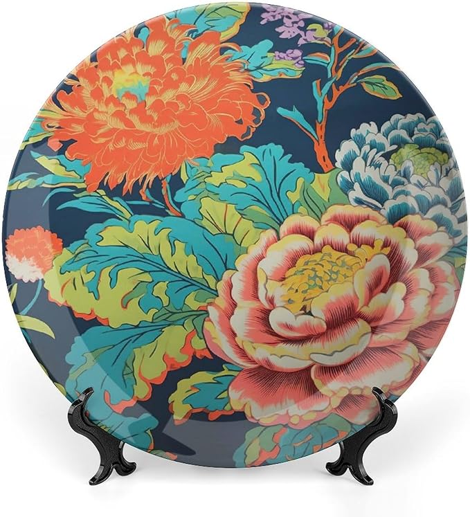 Chinoiserie Peony Floral Decorative Plate for Display Beautiful Exotic Chinoiserie Office Home Supplies Household Kitchen Holiday Party Decorations Customize Gifts for Men Women Birthday