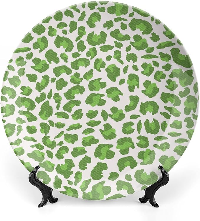 Fashion Plates Leopard Animal Print Green And Gray Custom Decor for Kitchen Wedding Festival Club Ceramic Hanging Decorative Plate with Display Stand And Hook Up, Multi Sizes, Gifts for Men Women