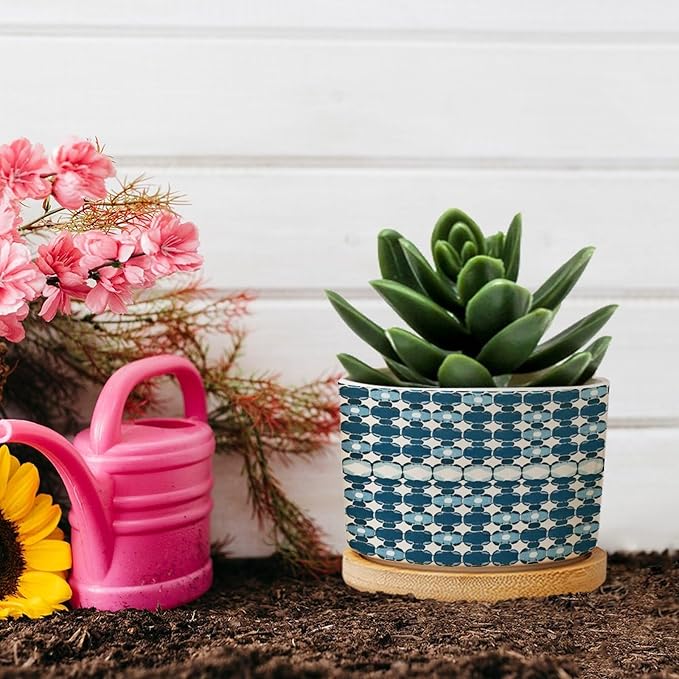 DreamAutumn Navy Blue Geometric Pattern Ceramic Pots for Plants with Drainage Holes Round Flower Pot Bamboo Tray Orchid Pot Succulents Pots for Outdoor Indoor Plants,Housewarming Gifts