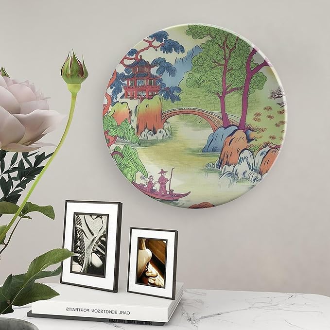 Chinoiserie Toile Ceramic Decorative Plate, Custom Green And White Chinoiserie Pagoda Toile Asian Ceramic Dinner Plates, Household Decorations Festival, Including Bracket And Special Hook