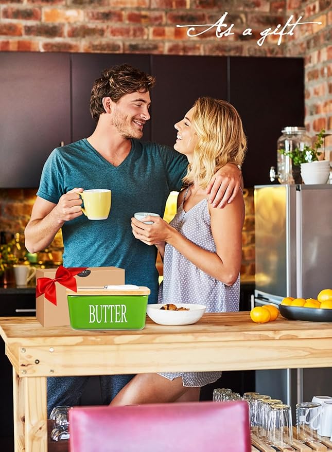 Butter Dish with Lid, Home Decor, Large Butter Dish for Countertop Ceramic Butter Keeper Container with Knife and High Quality Silicone Sealing Butter Box Good Kitchen Gift Green