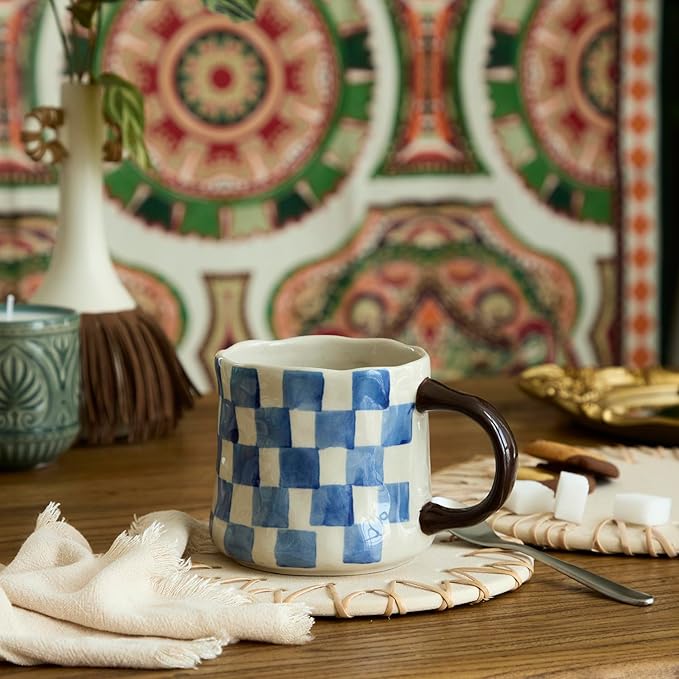 Retro Checkered Ceramic Coffee Mug 16Oz - Extra Large Handle, Microwave Safe Vintage Patterned Tea Cup for Home, Office Blue and White Checkered Pattern, Brown Handle
