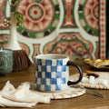 Retro Checkered Ceramic Coffee Mug 16Oz - Extra Large Handle, Microwave Safe Vintage Patterned Tea Cup for Home, Office Blue and White Checkered Pattern, Brown Handle