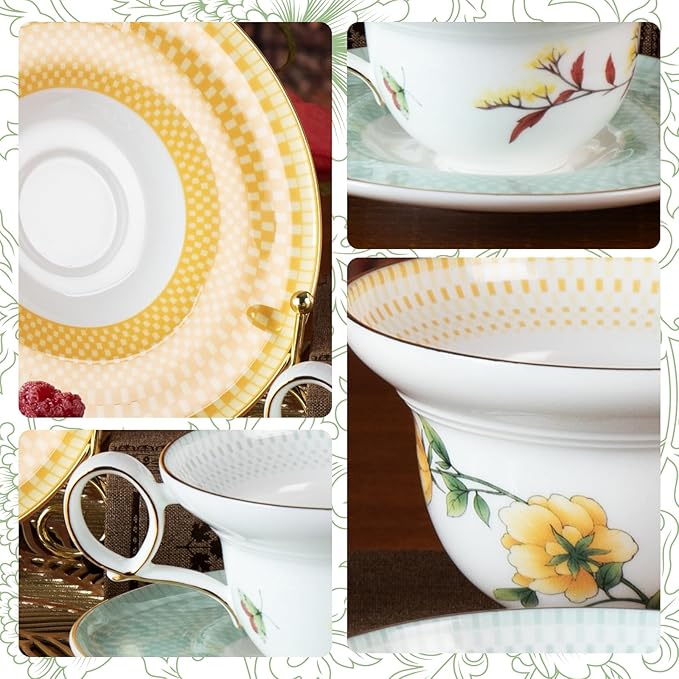 KAMMAK Ceramic Coffee Cups Saucers Set of 2, Porcelain Espresso Cups with Saucers, 5.92 oz Handmade Elegant Bone China Tea Cup, Ceramic Floral Pattern Demitasse for Latte, Americano, Cappuccino