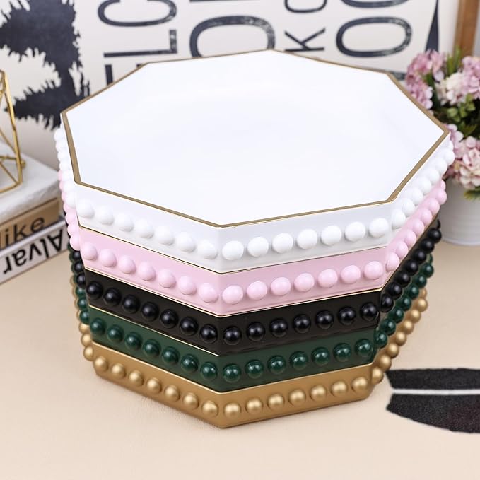 Pink Serving Tray for Coffee Table, Octagonal Beaded Plastic Decorative Tray for Ottoman, Kitchen Counter, Living Room