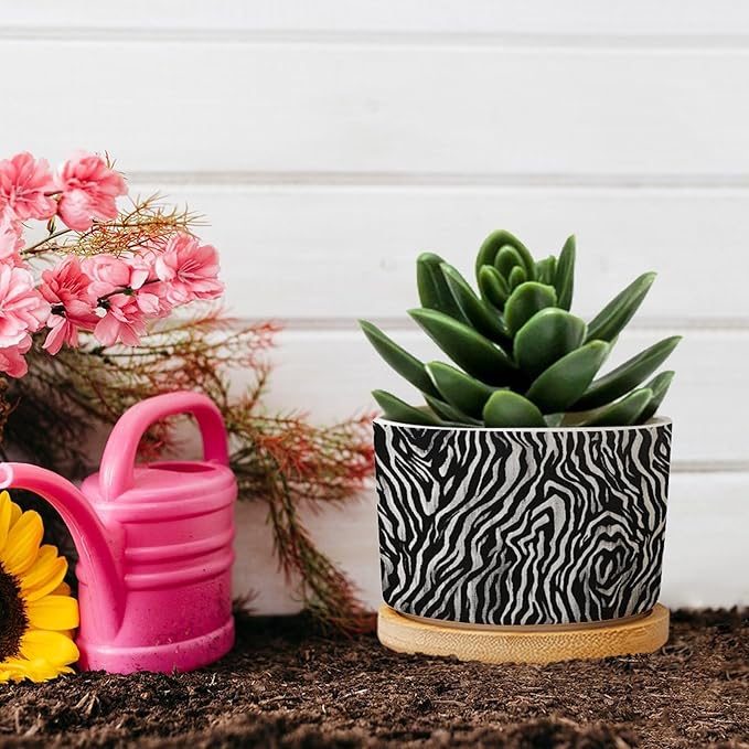 in Beige Planter Ceramic Black White Zebra Print Round Flower Pots with Drainage Holes and Bamboo Tray Pot for Home Office Decoration