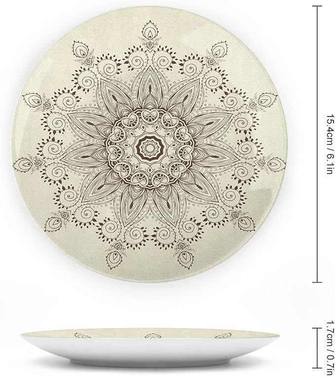 XISUNYA 6 Inch Decorative Plate, Lotus Dinner Plate, Arabesque Mandala Ritual Symbol Print Ornament Display Plate Decor Accessory for Dining, Parties, Wedding, Seal Brown Cream