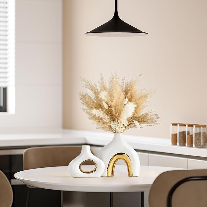 Modern Ceramic Donut Vase: Set of 2 -Minimalist Nordic White and Gold Hollow Vase Home Decor for Kitchen Dining Table Centerpieces Living Room Bederoom Entryway Wedding