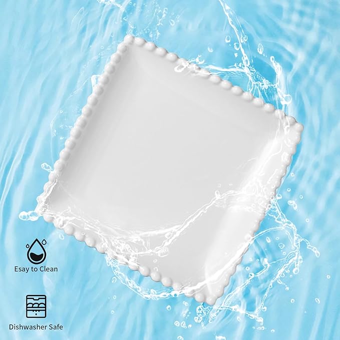 TAMAYKIM 6 Inch Porcelain Dessert Plates, Appetizer Plates, Square Shape Small Dinnerware Sets, Scratch Resistant, Microwave, Oven, and Dishwasher Safe, White with Pearl Dots, 12 Pieces