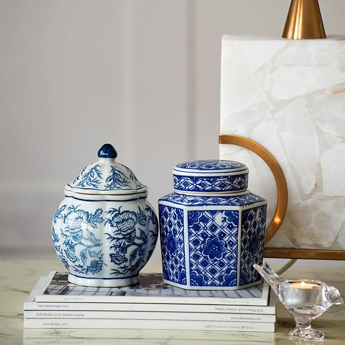 A&B Home 5" Decorative Porcelain Jars Set of 3 Glazed Hand Painted Blue White Ceramic Vase with Lid Centerpiece Ginger Jar Asian Décor