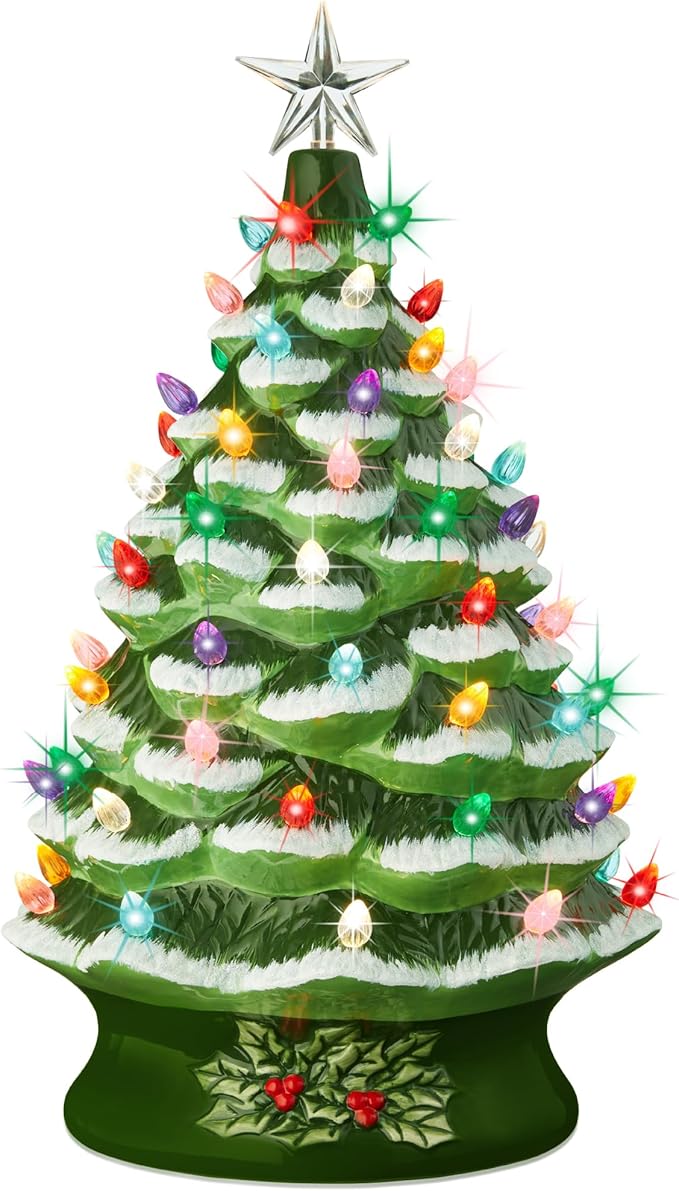 Best Choice Product 24in Extra Large Ceramic Christmas Tree, Pre-Lit Hand-Painted Tabletop XL Indoor Holiday Tree, 74 Multocolor Bulbs, LED Lights - Flocked/Green