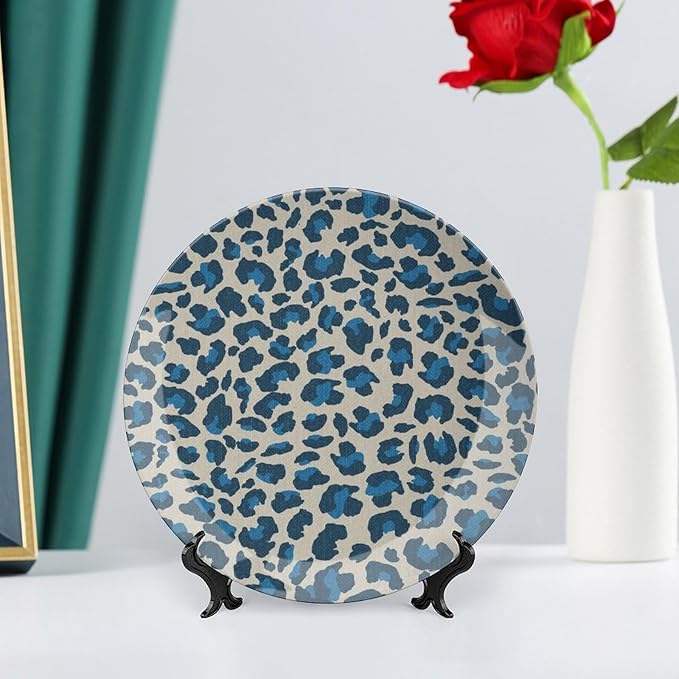 Leopard Animal Print Blue Plates Ceramic, Animals Wildlife with Textures Ceramic Craft for Decorative Ornaments for Table Farmhouse Office Decor, with Display Stand Art Decor for Home Club