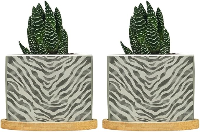 Tiger Fur Skin Planter Ceramic Animal Strip Print Round Flower Pots with Drainage Holes and Bamboo Tray Pot for Succulents Cactus Garden Windowsill