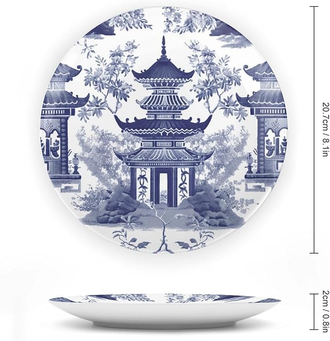 Chinoiserie Blue Asian Pagoda Plates Ceramic, Personalized Wall Decorative Plate for Wedding Wall Club Decor, Including Bracket And Special Hook Art Decorations for Art Decoration Table