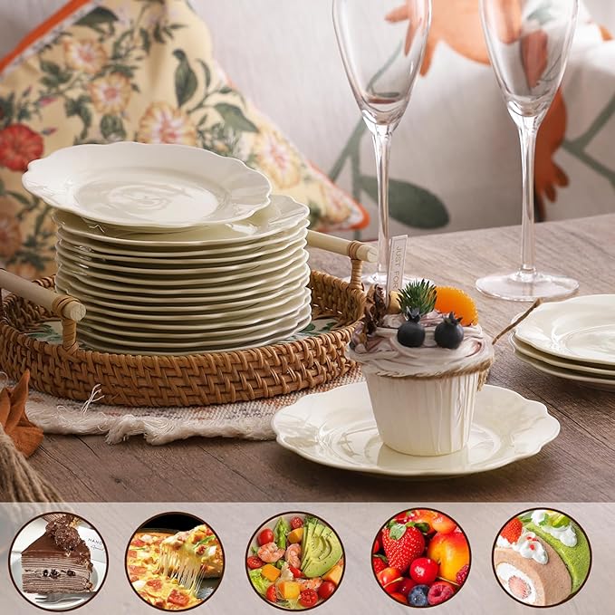 6 Inch Porcelain Small Dinner Plates Set of 18, White Leave Wave Rim Appetizer Plates, Dessert Salad Plates, Ceramic Serving Dishes for Cake, Snack, Ice Cream, Waffles, Microwave, Dishwasher Safe