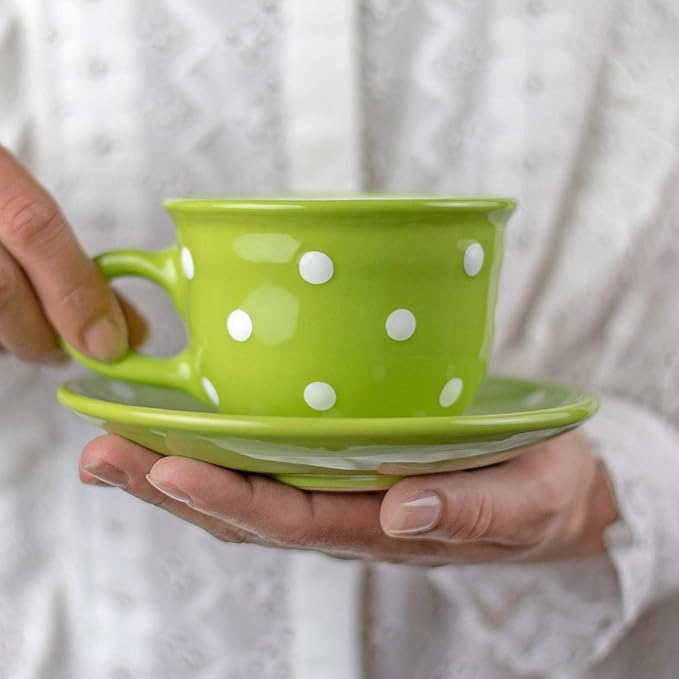 City to Cottage Handmade Lime Green and White Polka Dot Ceramic 8.4oz/250ml | Cappuccino, Coffee, Tea Cup and Saucer, Unique Designer Pottery Gift for Tea Lovers