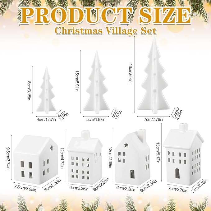 7 Pcs Ceramic Christmas Village Set 4 LED Light up White Ceramic Village Houses with 3 Xmas Trees Xmas Figurines for Farmhouse Rustic Indoor Home Mantel Table DIY Display Holiday Decoration