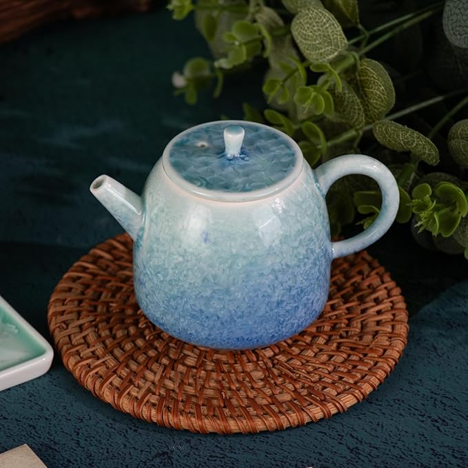 Tea Set for Adults Porcelain Tea Pot and Tea Cups Set, Blue and Cyan Gradient Japanese Ceramic Tea Cups and Saucers Set, Chinese Gong Fu Tea Set (2 Saucer+ 2 Floral Cups +1 Tea Pot + 1 Square Plate)