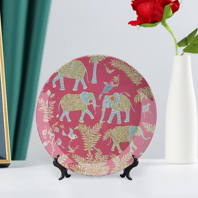 Animal Pink Chinoiserie Decorative Plate of 6", 7", 9", 10", Custom Wild Elephant Handmade Decorative Plate, Table Wedding Decorations Farmhouse, with Display Stand And Hook Up