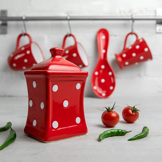 City to Cottage Handmade Small 5.3oz/150ml Ceramic Kitchen Herb, Spice, Storage Jar with Lid, Pottery Canister, Housewarming Gift (Red Polka Dot)