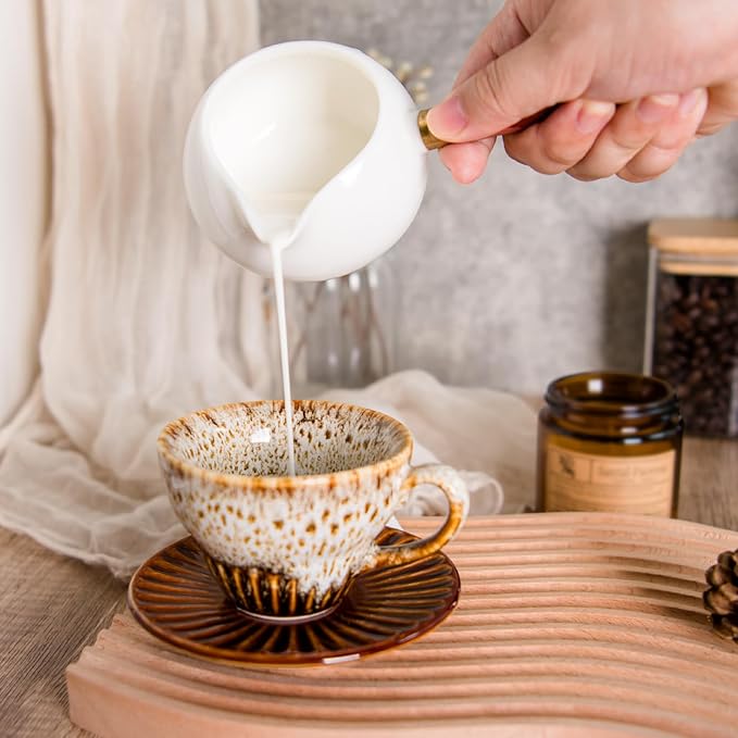 2 oz Espresso Cups Set of 6, Ceramic Cappuccino Cups with Saucers, Stackable Coffee Cup for Macchiato, Single shot, Tea, Coffee Lover Gifts, Glazed White