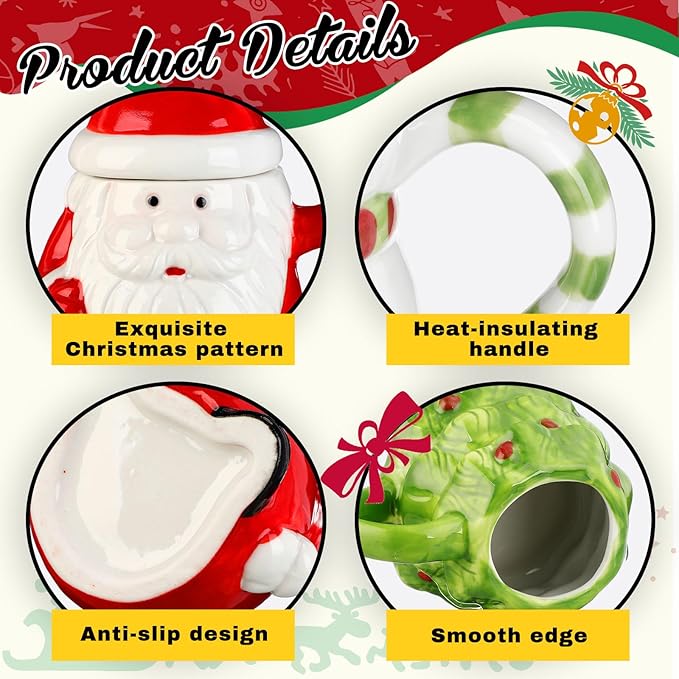 Baderke 4 Set Santa Mug Bulk with Lid 14 oz Christmas Ceramic Coffee Mug Santa Snowman Reindeer Xmas Tree Porcelain Latte Tea Cup for Holiday Christmas Birthday Men Women Gifts