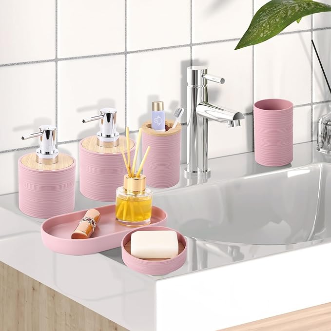 Pink Bathroom Set, Pink Bathroom Accessories Set with Trash Can, 2PCS Soap Dispensers, Soap Dish, Toothbrush Holder, Toothbrush Cup,Toilet Brush, Tray and Qtip Holders for Bathroom Decor