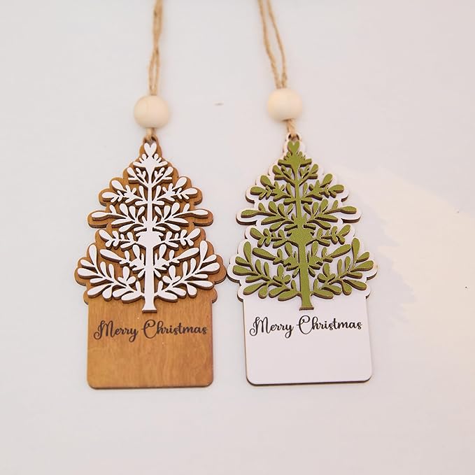 NGHYANA Merry Christmas 3D Wooden Tree Ornaments Set for Holiday Decor 4 Inch Rustic Hanging Decorations