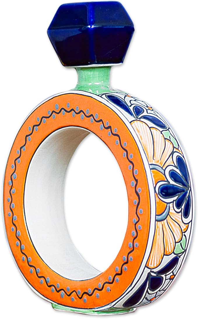NOVICA Artisan Handmade Ceramic Tequila Decanter - Blue Orange Ring Shape Multicolor Mexico Tableware Drinkware Pitchers - Talavera Floral [16 Oz., 9.75in H x 7.75in W x 2.4in D]