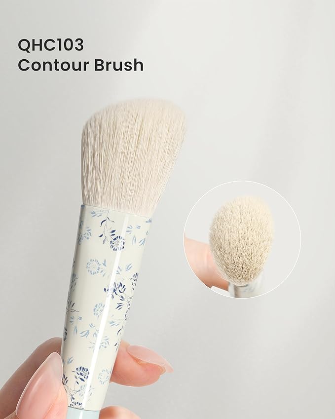 Indigo Artisan Series Contour Brush - Curved Angled Nylon Bristles for Nose/Cheek Sculpting, Blue Lacquered Handle & Porcelain-Patterned Ferrule (QHC 103)