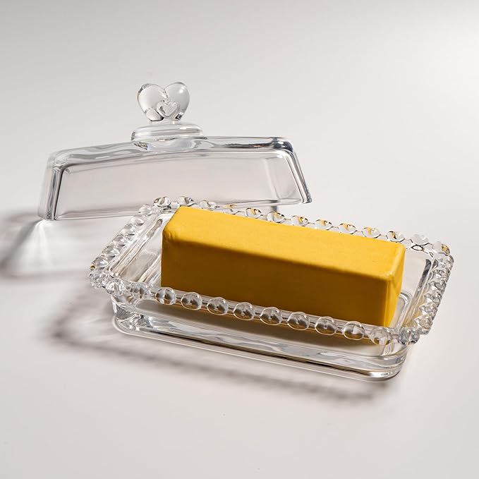 Glass Butter Dish with Heart Lid, Clear Glass Covered Butter Stick Holder Tray, Crystal Butter Storage Container for Fridge Countertop