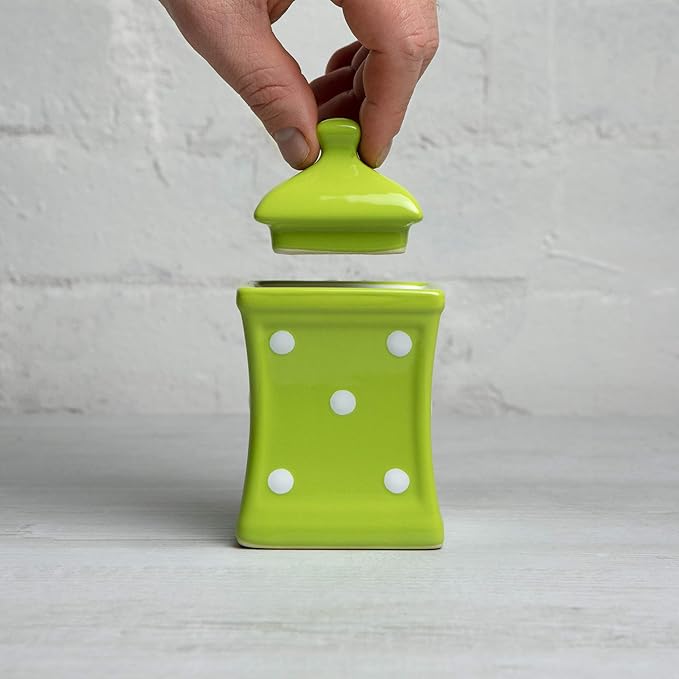 City to Cottage Handmade Small 5.3oz/150ml Ceramic Kitchen Herb, Spice, Storage Jar with Lid, Pottery Canister, Housewarming Gift (Green Polka Dot)