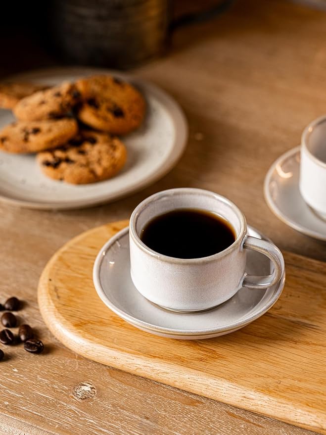 Gomakren 2.5 Ounce Espresso Cups Set of 4, Small Stackable Coffee Cups with Saucers and Metal Stand, Valentine Porcelain Demitasse Cups for Specialty Coffee Drinks, Espresso, Cappuccino, Latte, White